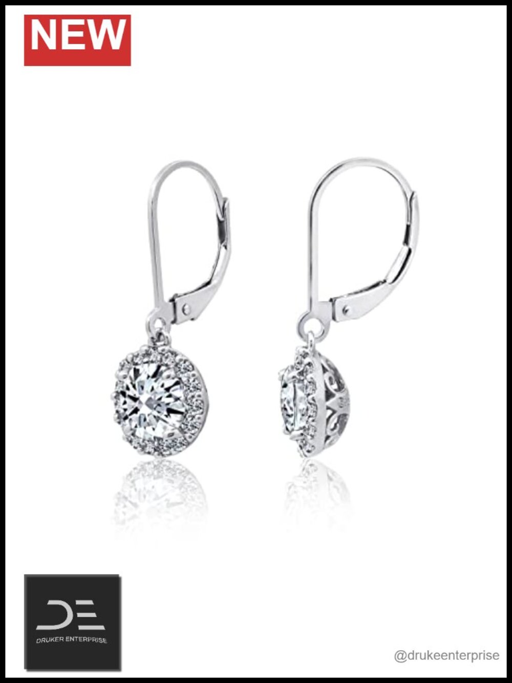 Sterling Silver Platinum Plated Cubic Zirconia Halo Leverback Drop Earrings